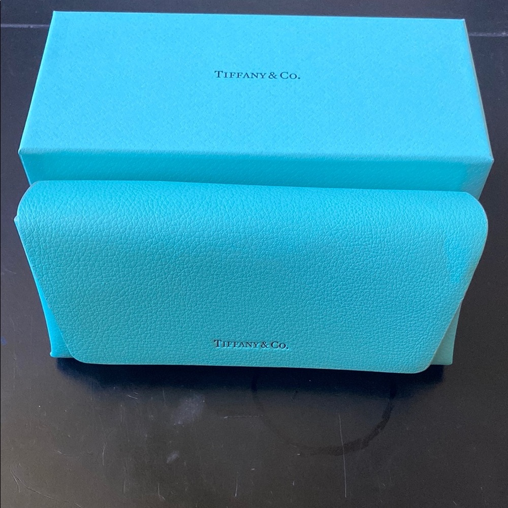 Tiffany & Co. Blue Glasses Case, Box and Never Used Cleaning Cloth.
